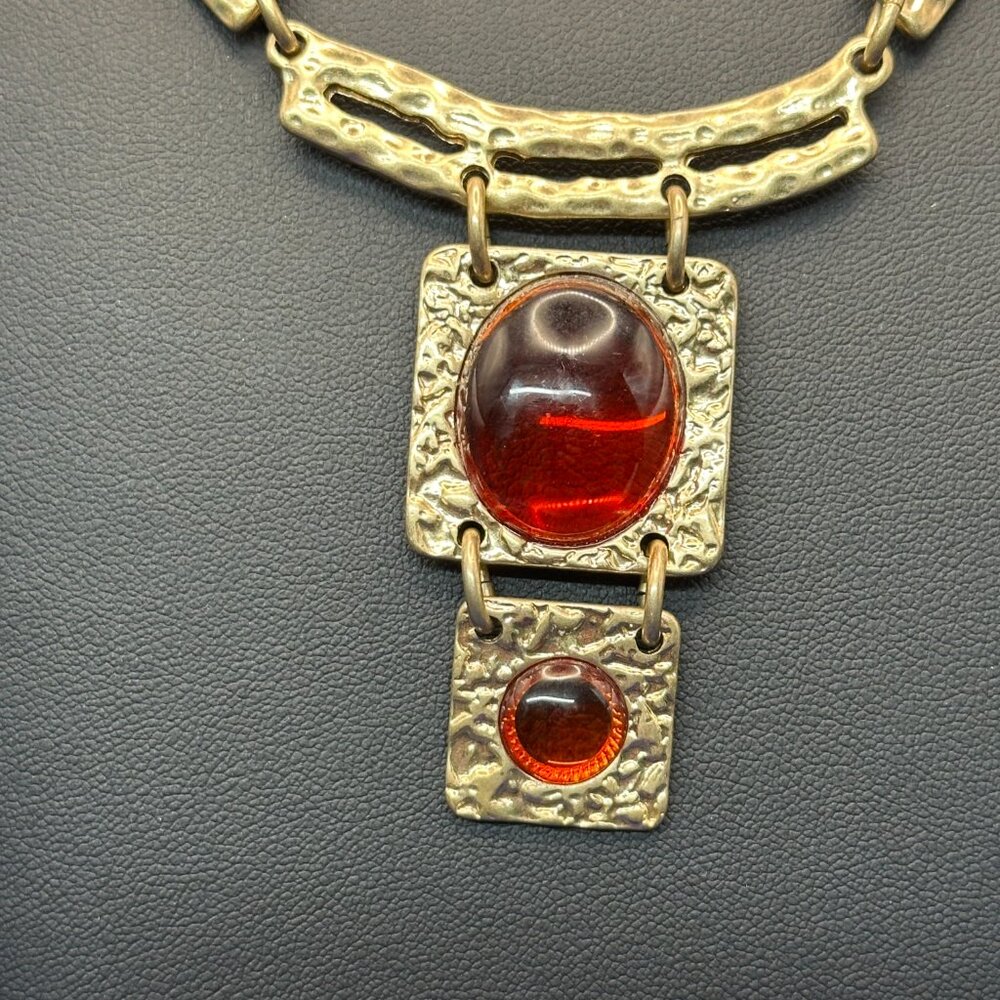 VTG Dana Buchman Gold-Tone Textured Metal Necklace Amber-Colored Cabochons. - Picture 3 of 12